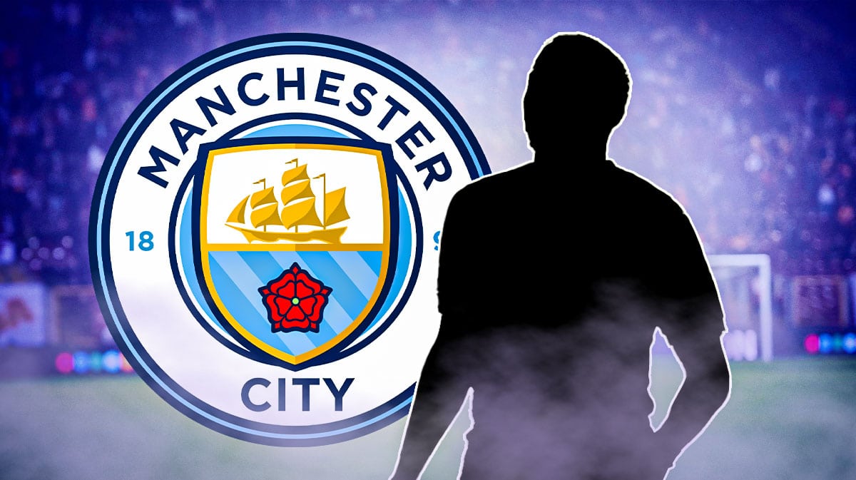 The silhouette of Sávio Moreira de Oliveira, Savinho in front of the manchester city logo