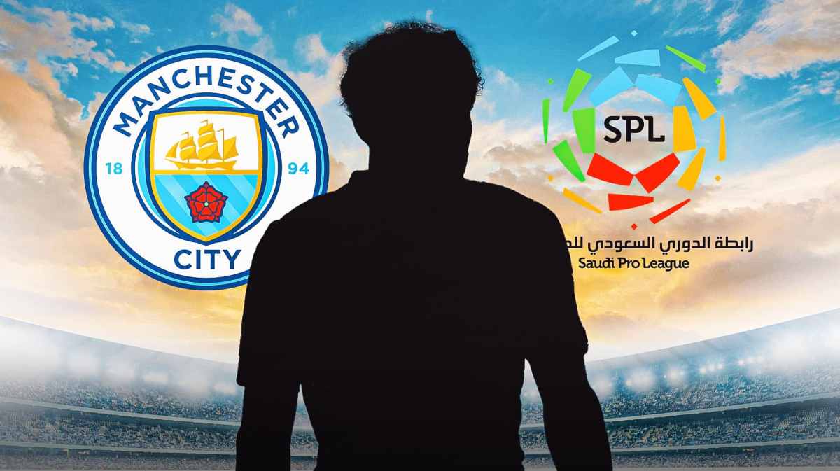 The silhouette of Ederson in front of the Manchester City and Saudi Pro League logos