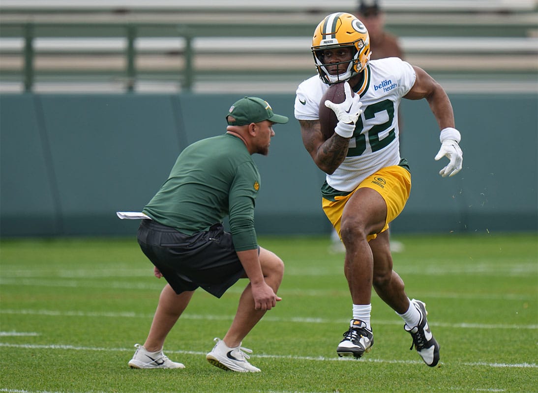 Running back MarShawn Lloyd (32) is shown during organized team activities for the Green Bay Packers Tuesday, May 21, 2024 in Green Bay, Wisconsin.