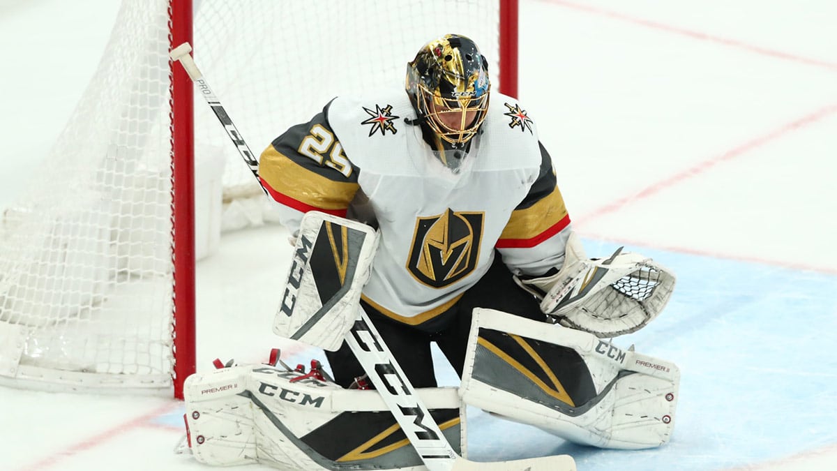 Vegas Golden Knights goalie Marc-Andre Fleury (29) makes a second period save against the Arizona Coyotes at Gila River Arena.