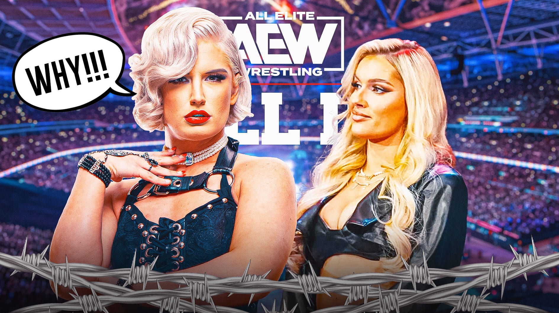 "Timeless" Toni Storm with a text bubble reading "Why!!!" next to Mariah May with the AEW All In logo as the background.