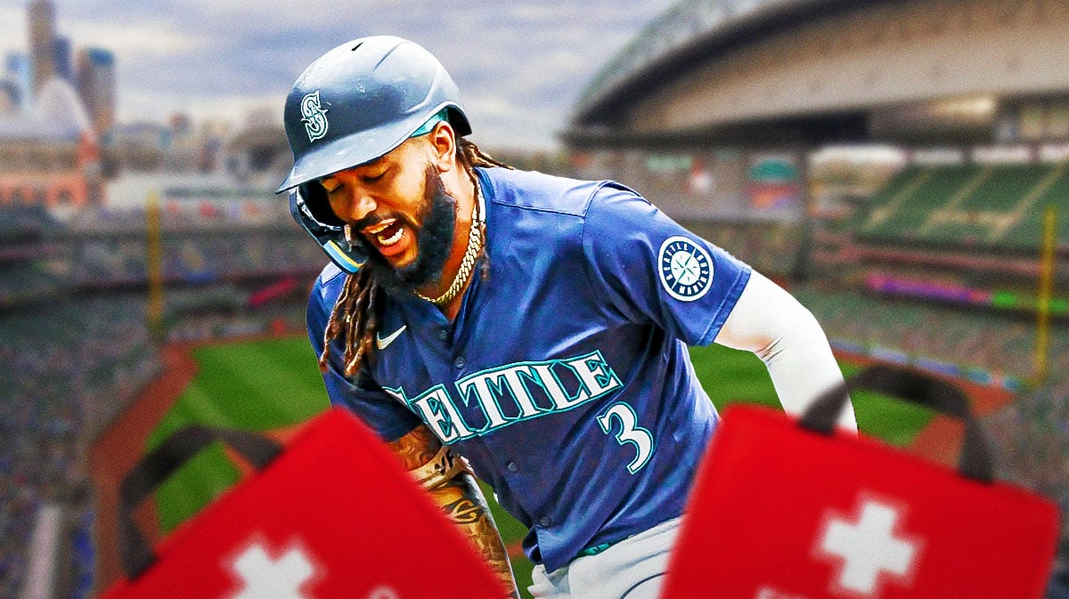 JP Crawford fielding in a Seattle Mariners uniform with a red first aid kit next to him indicating his injury as the Mariners are updating his timeline to return from JP Crawford injury to his hand. The team also lost Julio Rodriquez to injury.