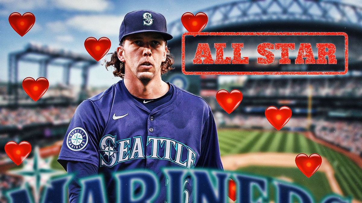 Logan Gilbert in a Seattle Mariners uniform with little hearts floating around him and the words All-Star in the corner.
