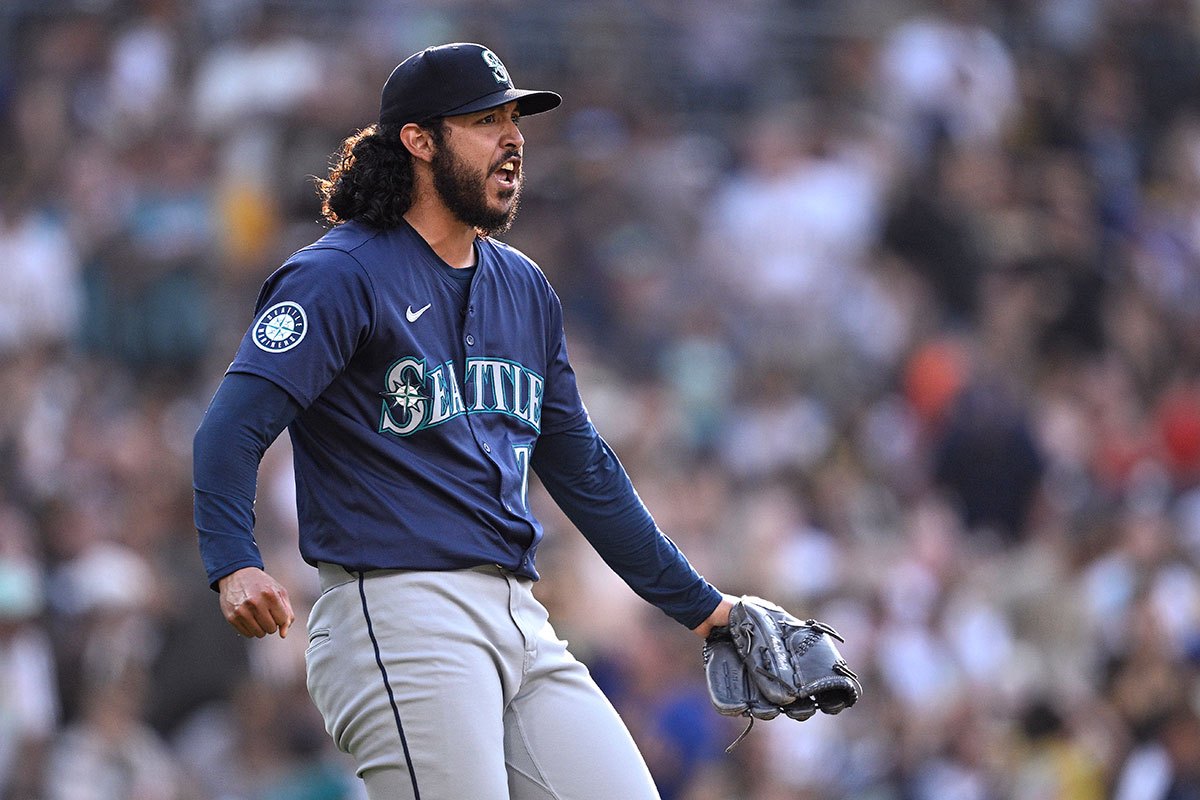 Seattle Mariners relief pitcher Andres Munoz (75) celebrates on the field after defeating the San Diego Padres at Petco Park.