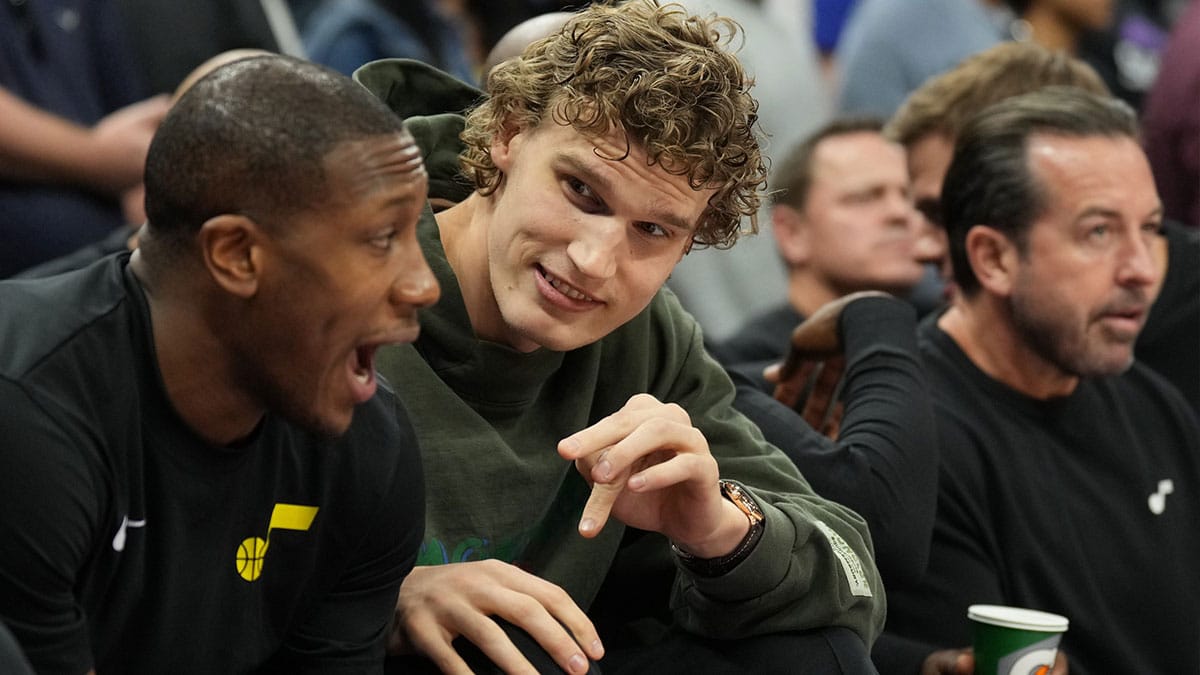 Utah Jazz forward Lauri Markkanen (center) sits on the bench before the game against the Sacramento Kings at Golden 1 Center.