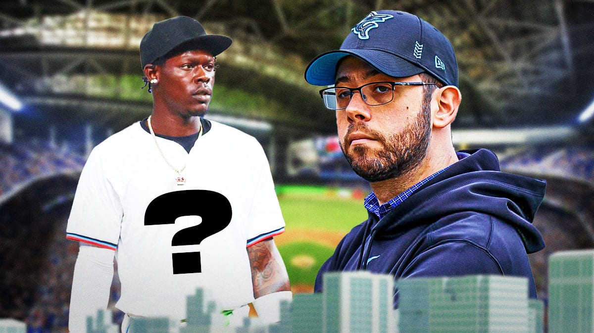 Jazz Chisholm Jr. in a mystery jersey next to Marlins' Peter Bendix