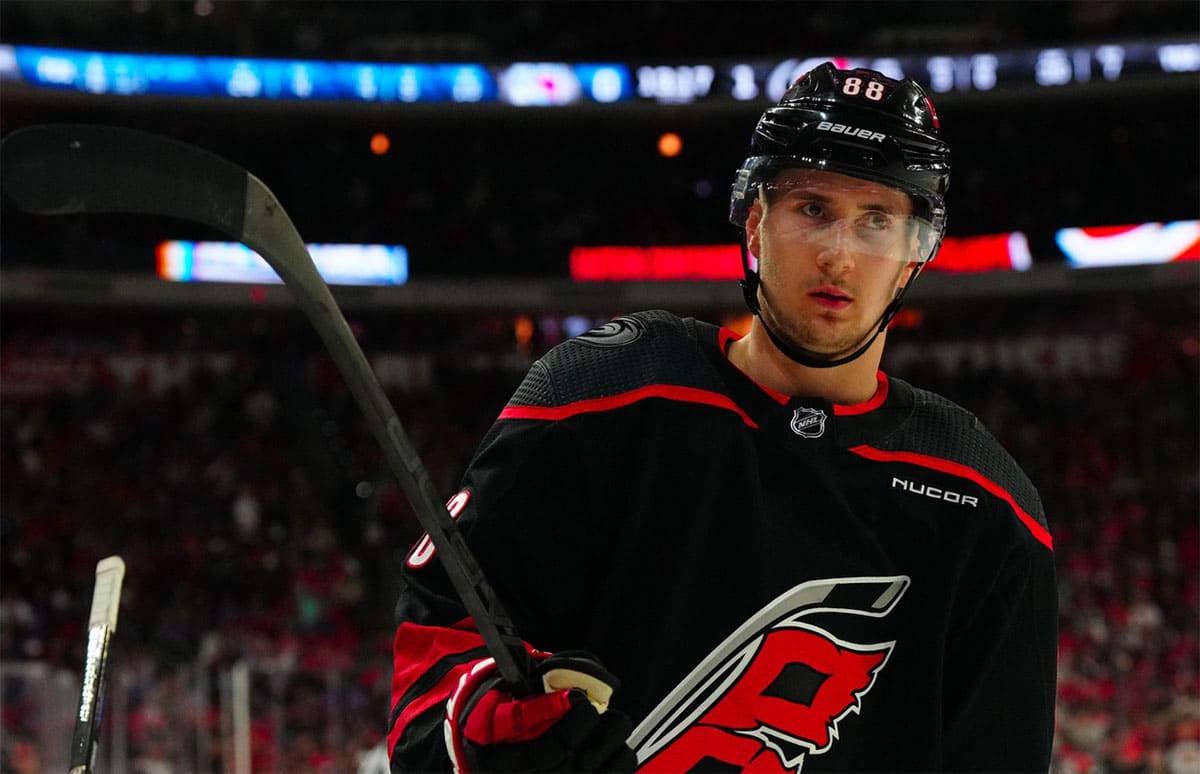 Carolina Hurricanes center Martin Necas (88) looks on against the New York Rangers during the second period in game three of the second round of the 2024 Stanley Cup Playoffs at PNC Arena