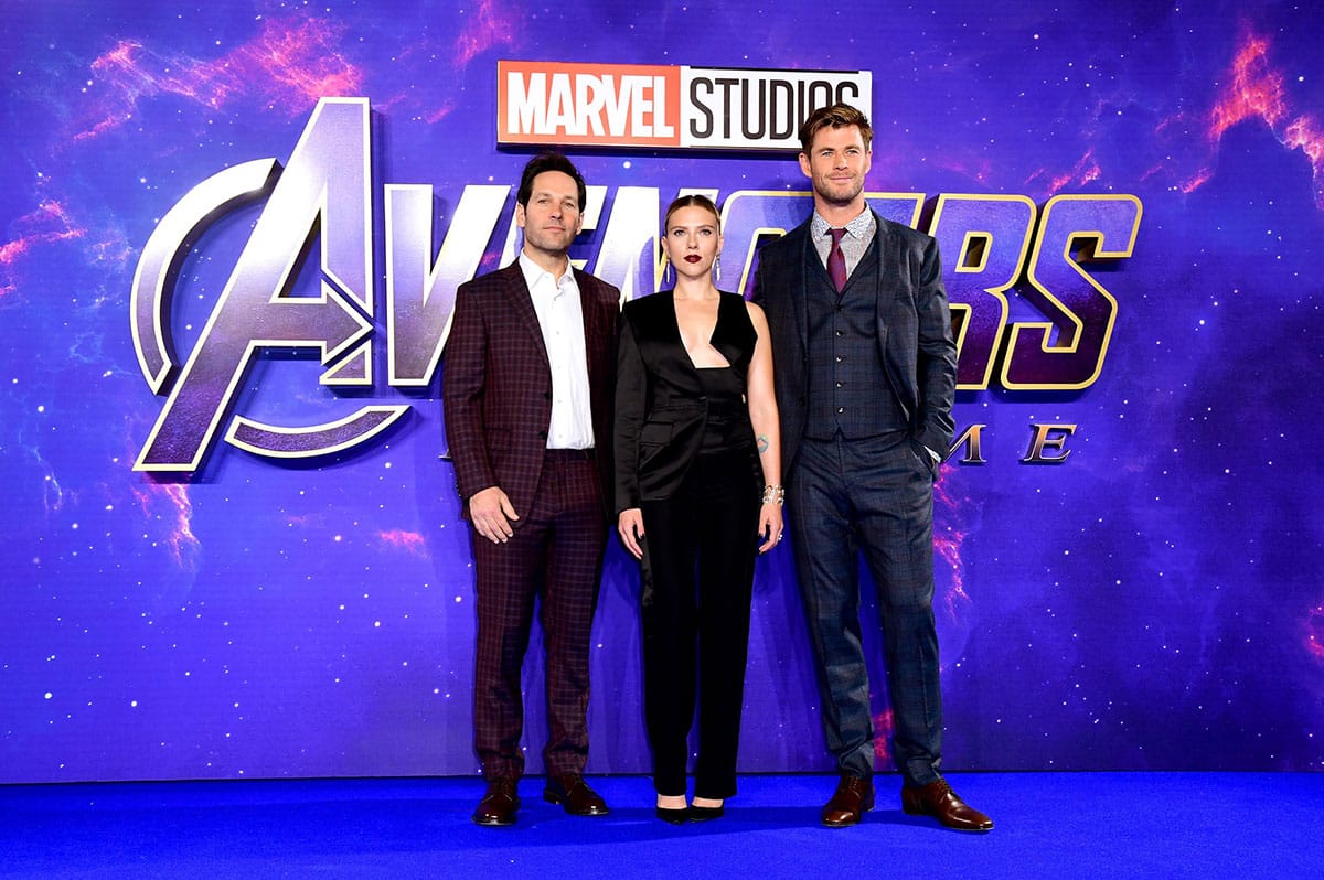 Marvel stars Paul Rudd, Scarlett Johansson, and Chris Hemsworth at London Avengers: Endgame event in 2019.