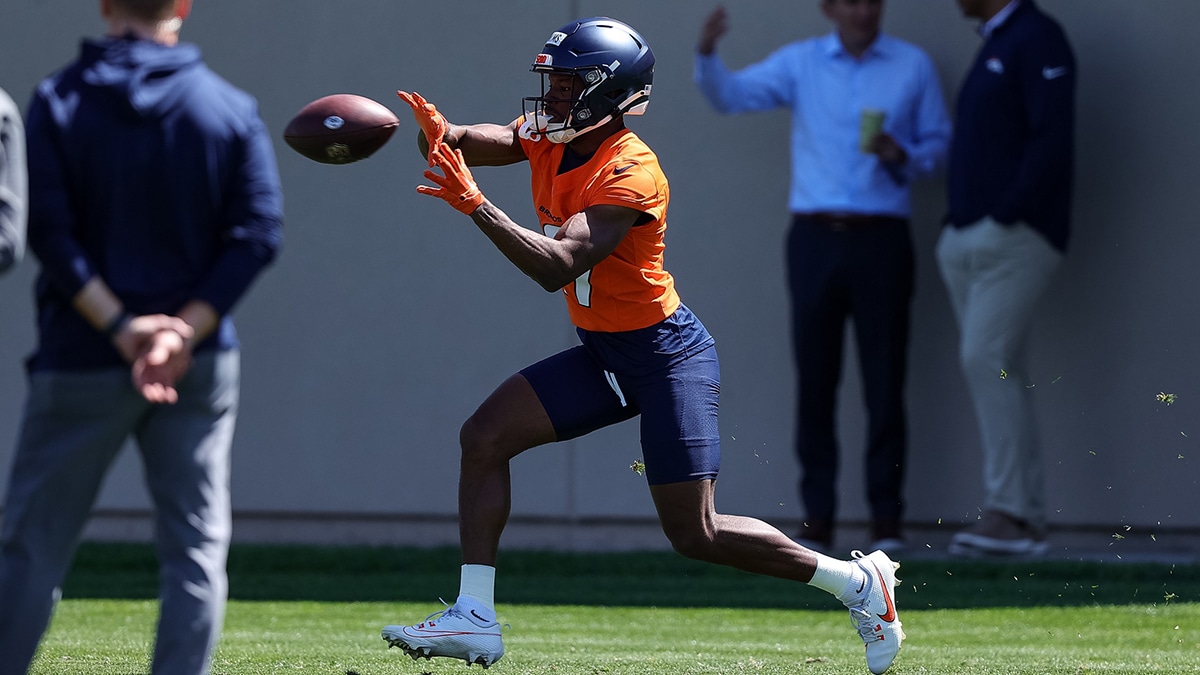 May 23, 2024; Englewood, CO, USA; Denver Broncos wide receiver Marvin Mims Jr. (19) during organized team activities at Centura Health Training Center.