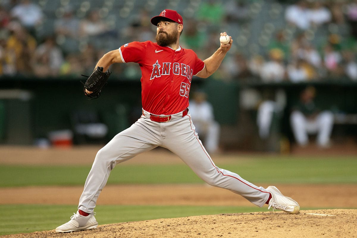 Los Angeles Angels pitcher Matt Moore (55) delivers a pitch against the Oakland Athletics during the sixth inning at Oakland-Alameda County Coliseum.