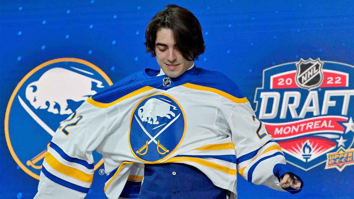 Matthew Savoie after being selected as the number nine overall pick to the Buffalo Sabres in the first round of the 2022 NHL Draft at Bell Centre.