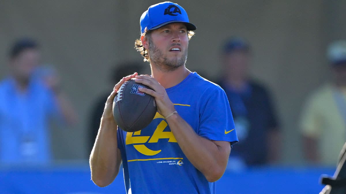 Los Angeles Rams quarterback Matthew Stafford (9) looks on as he had the day off from training camp at Loyola Marymount University.