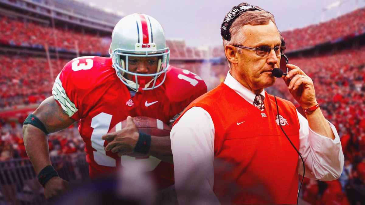 Ohio State football, Buckeyes, Maurice Clarett, Jim Tressel, Ohio State football NIL, Maurice Clarett and Jim Tressel with Ohio State football stadium in the background
