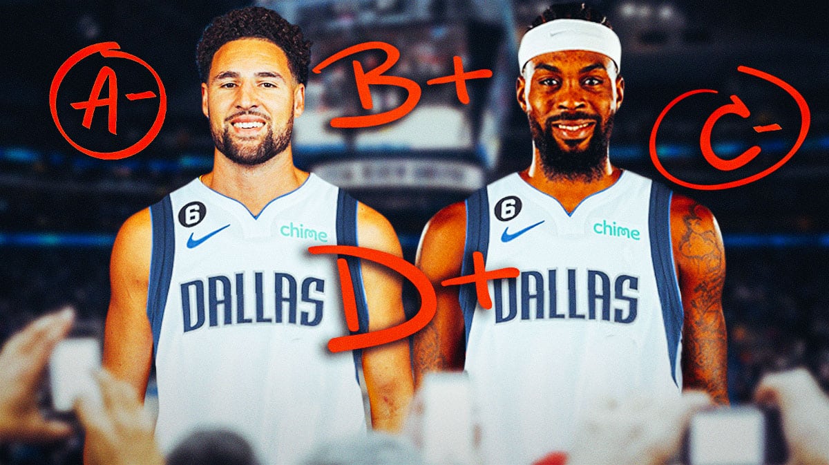 Klay Thompson Naji Marshall in Mavericks jerseys with letter grades (A-, B+, C-, D+) around them.
