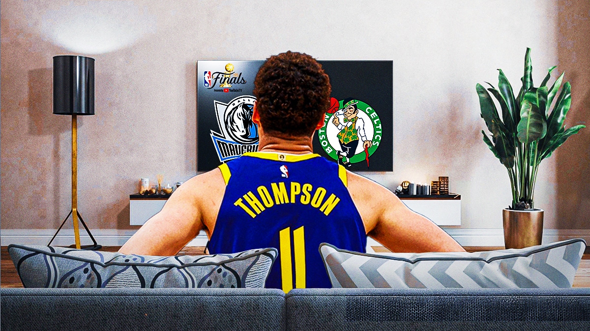 Klay Thompson sitting on a couch watching TV. On the TV, place the Mavericks vs. Celtics NBA Finals 2024 logo.