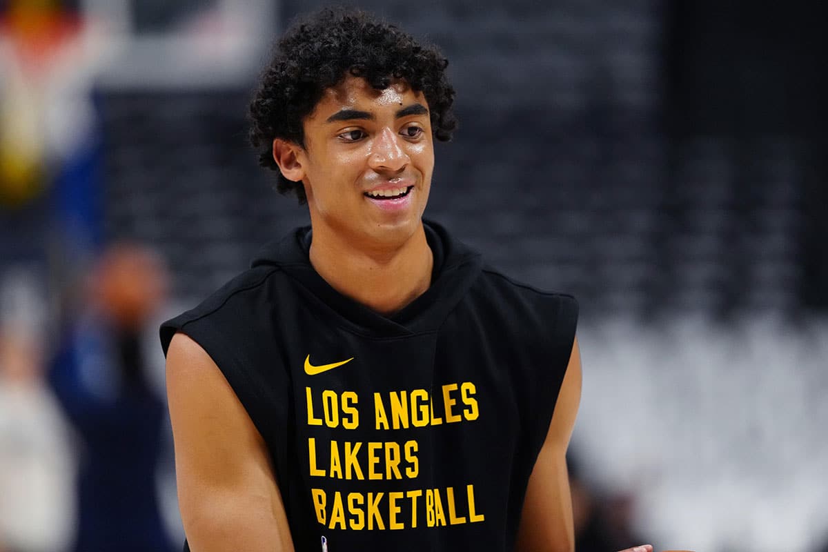  Los Angeles Lakers guard Max Christie (10) before the game against the Denver Nuggets during game two of the first round for the 2024 NBA playoffs at Ball Arena.