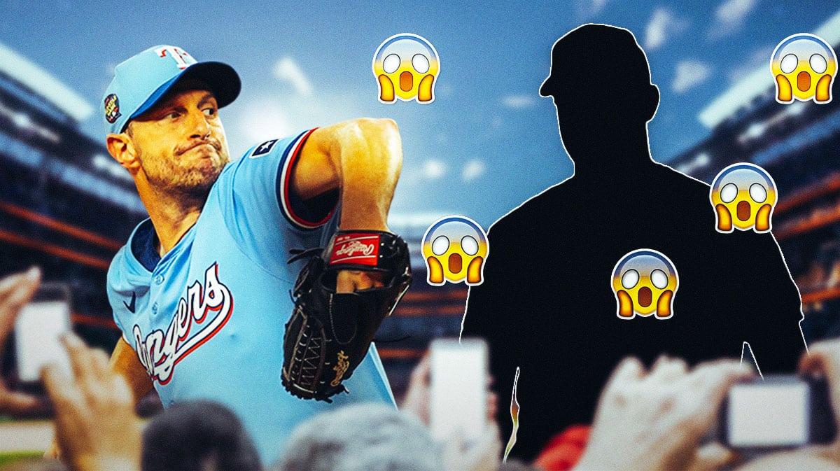Max Scherzer in the middle, a silhouette of a baseball player on both sides of him, a bunch of the shocked emojis in the background