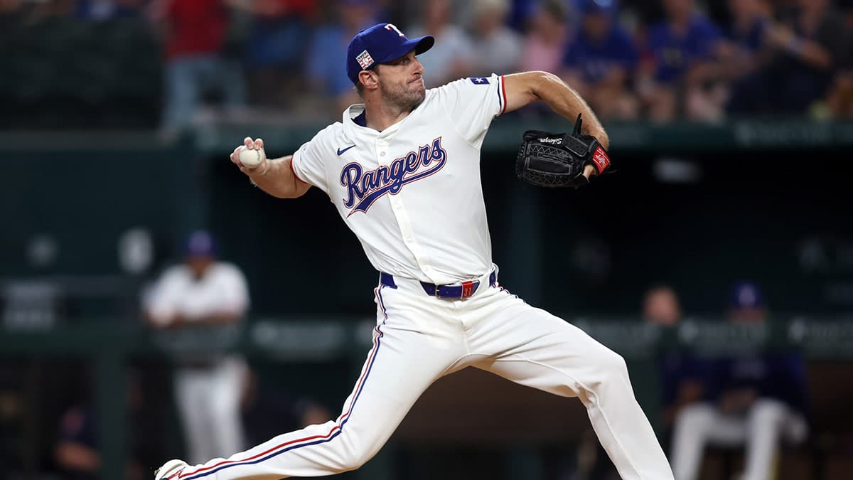 Texas Rangers starting pitcher Max Scherzer (31) throws against the Baltimore Orioles in the first inning at Globe Life Field.