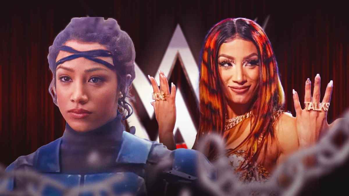 Mercedes Mone next to Koska Reeves from The Mandalorian with the WWE logo as the background.