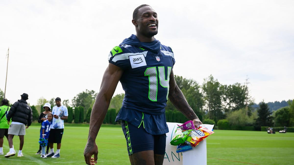Seattle Seahawks wide receiver DK Metcalf (14) walks off the field after training camp at Virginia Mason Athletic Center. 
