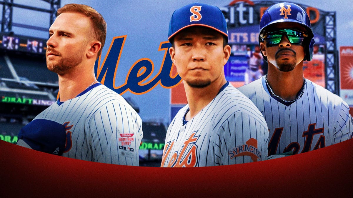 Mets Kodai Senga on left looking serious. Mets Francisco Lindor, Mets Pete Alonso on right. Mets logo in middle.