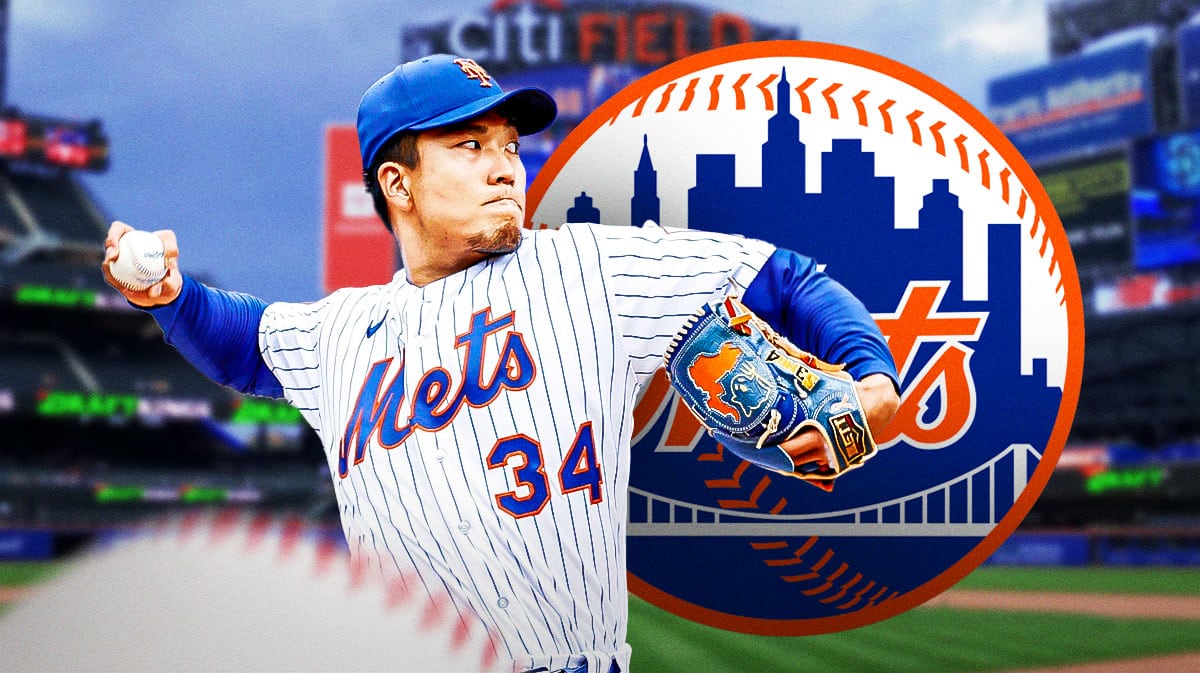 Kodai Senga pitching in front of a Mets logo