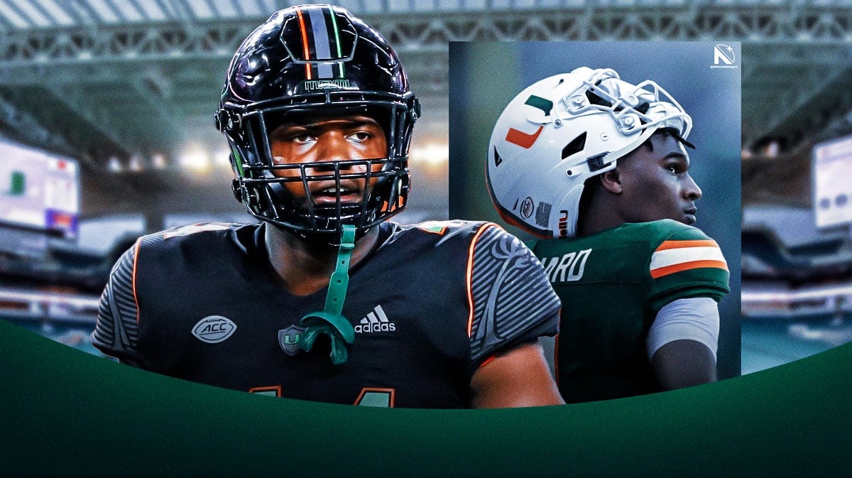Miami (Fl) football players Rueben Bain Jr. and Cam Ward