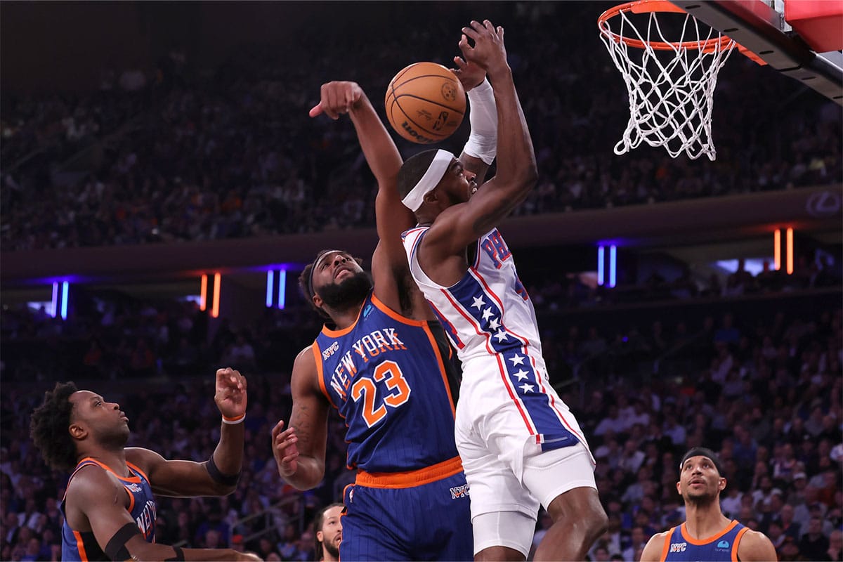 New York Knicks center Mitchell Robinson (23) blocks a shot by Philadelphia 76ers forward Paul Reed (44) during the second quarter of game 5 of the first round of the 2024 NBA playoffs at Madison Square Garden