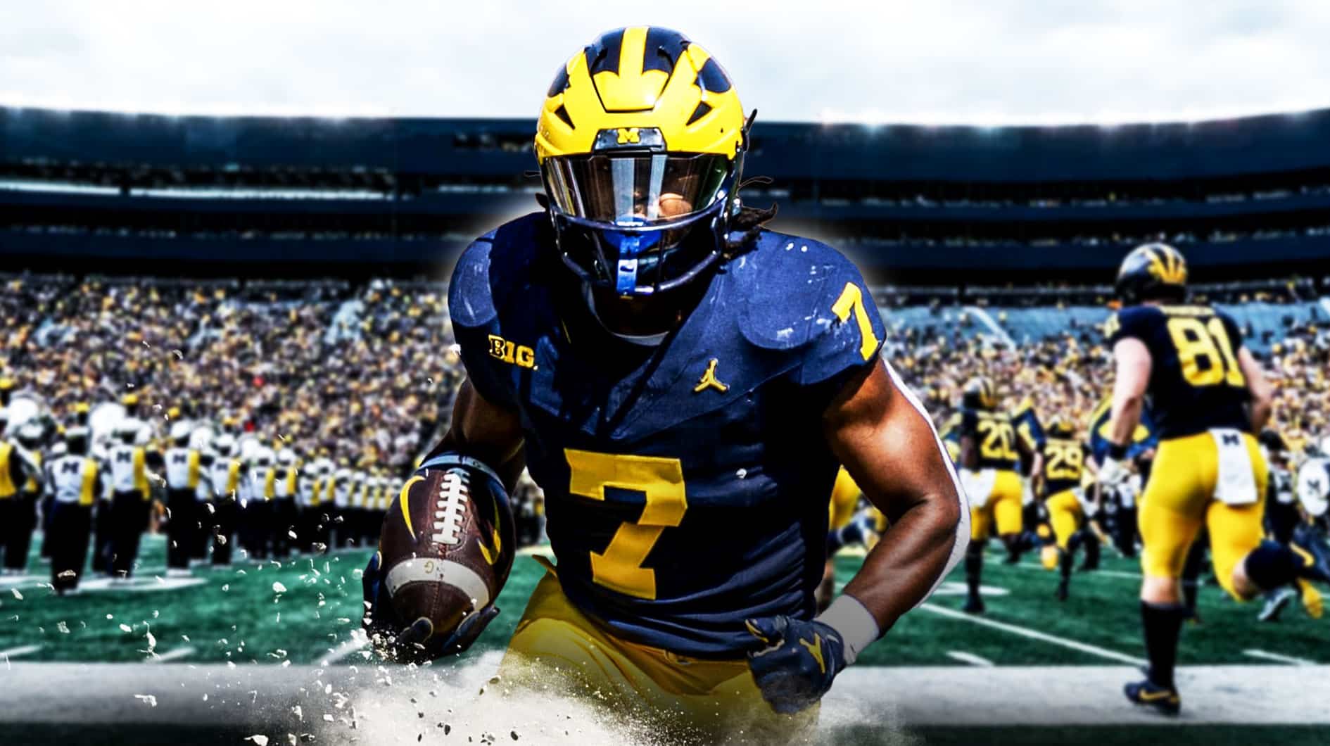 Michigan football, Wolverines, Donovan Edwards, Donovan Edwards Michigan, Big Ten Media Days, Donovan Edwards with Michigan football stadium in the background