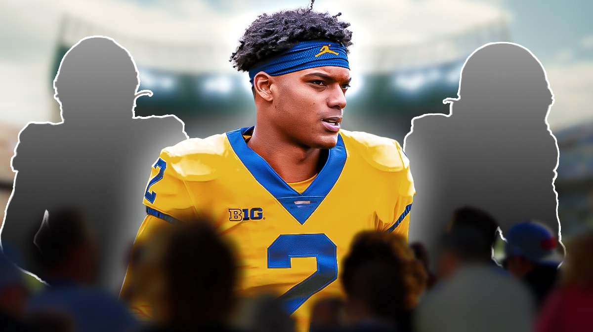 Michigan football, Wolverines, Will Johnson, 2024 Michigan football, Colston Loveland, Will Johnson and two mystery players with Michigan football stadium in the background