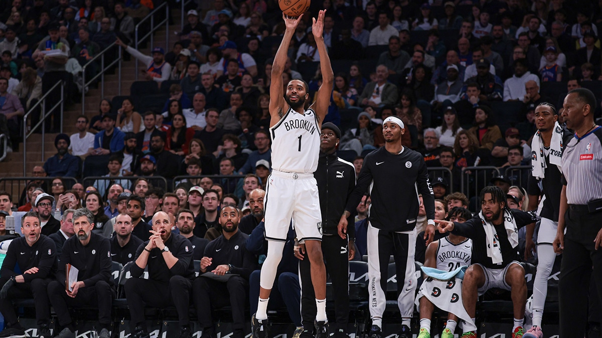 Brooklyn Nets forward Mikal Bridges (1) makes a three-point basket during the first half against the New York Knicks at Madison Square Garden
