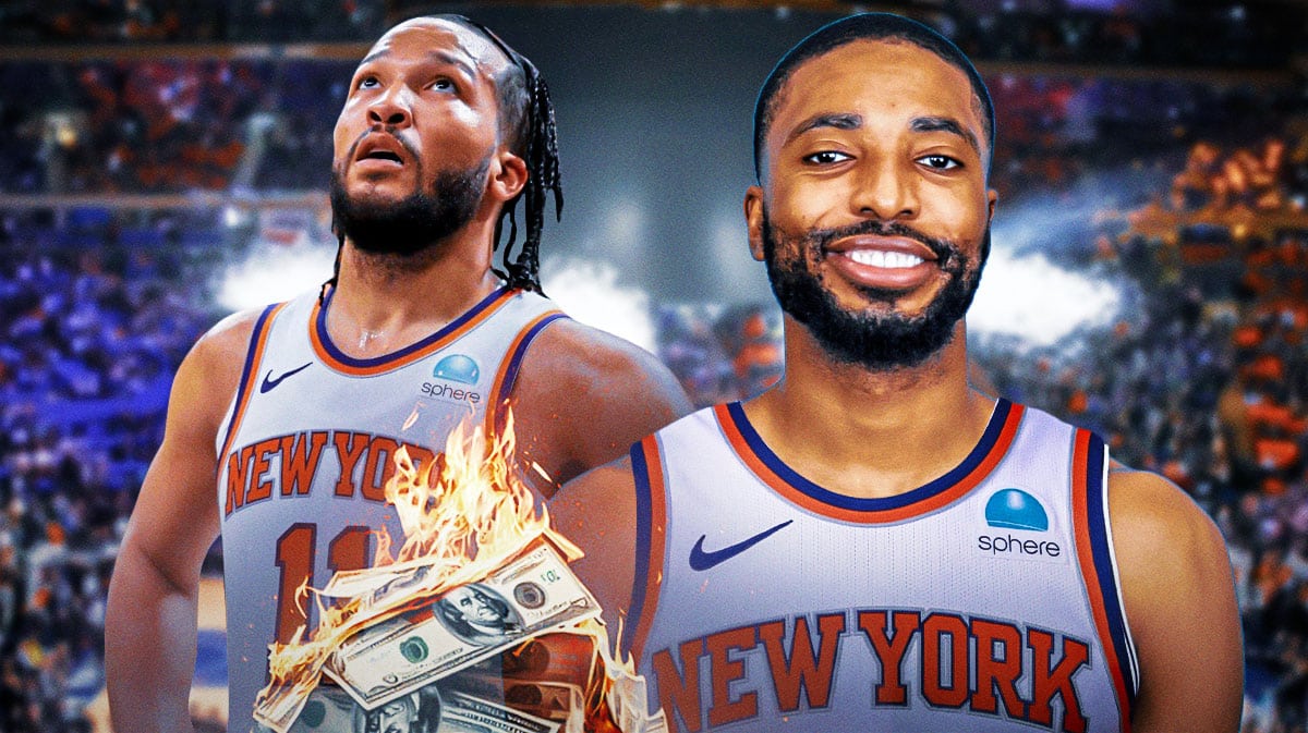 Knicks' Mikal Bridges and Jalen Brunson throwing money bags into a fire