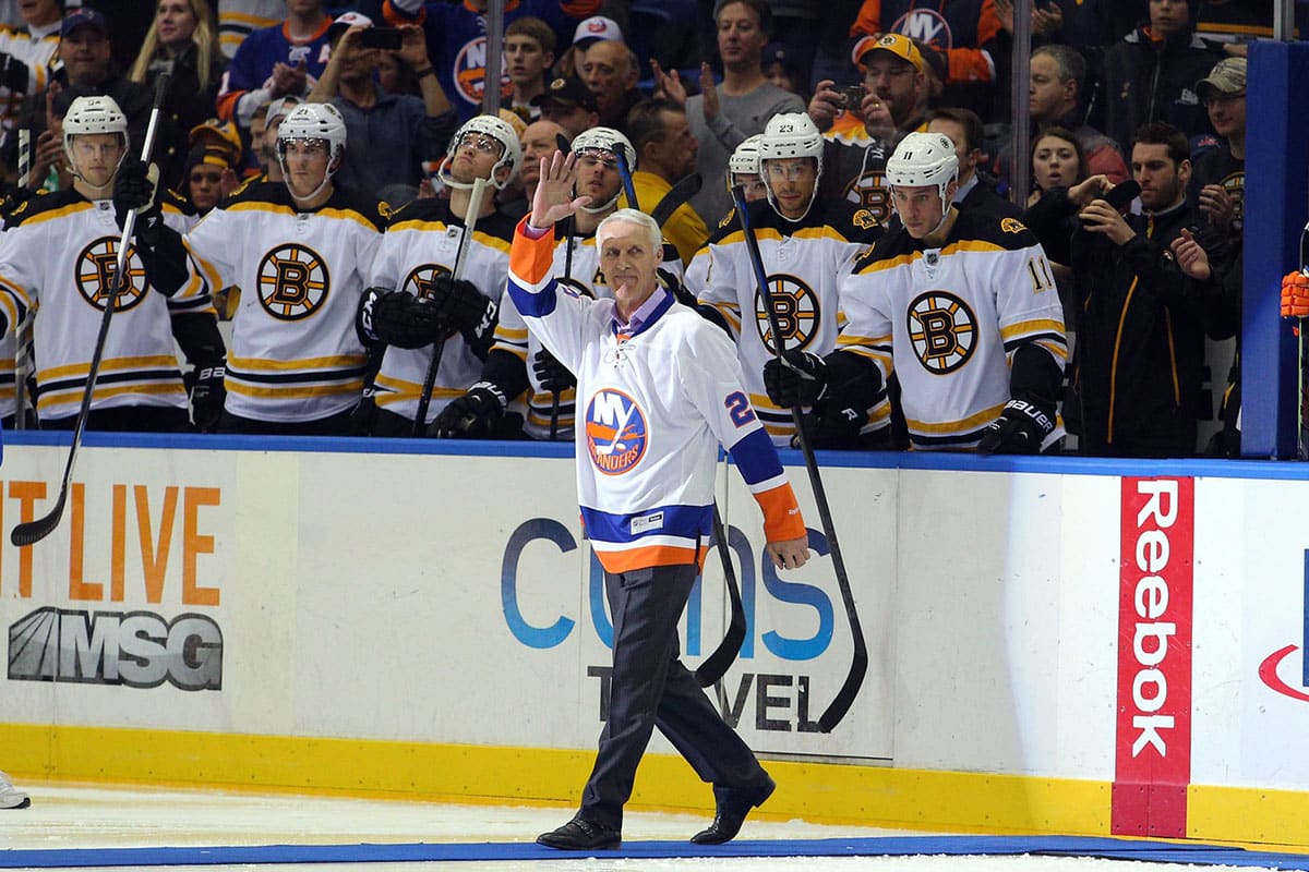 New York Islanders legend Mike Bossy is honored before a game against the Boston Bruins at Nassau Veterans Memorial Coliseum.