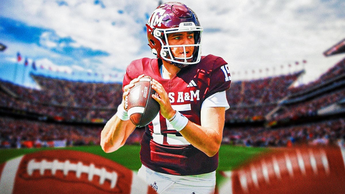 Texas A&M football, Aggies, Conner Weigman, Conner Weigman injury, Mike Elko, Conner Weigman with Texas A&M football stadium in the background