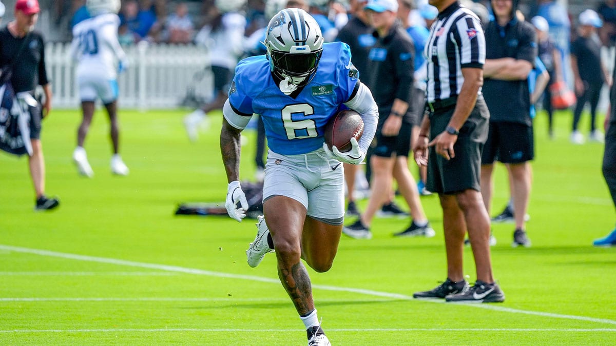 Carolina Panthers running back Miles Sanders (6) carries the ball at Carolina Panthers Practice Fields.