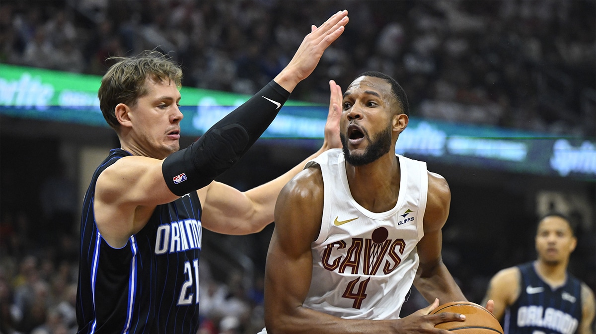 Orlando Magic center Moritz Wagner (21) defends Cleveland Cavaliers forward Evan Mobley (4) in the second quarter during game two of the first round of the 2024 NBA playoffs at Rocket Mortgage FieldHouse.