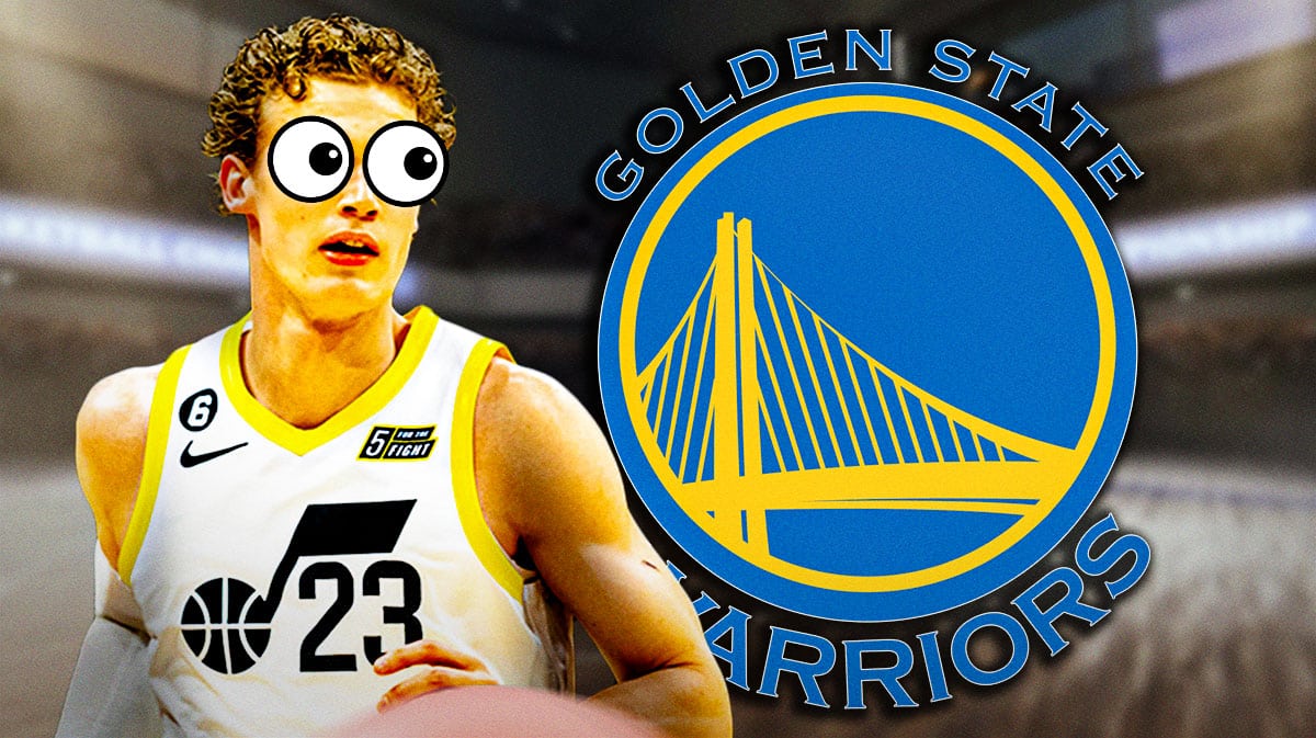 Lauri Markkanen stares at Warriors logo with bulging eyes