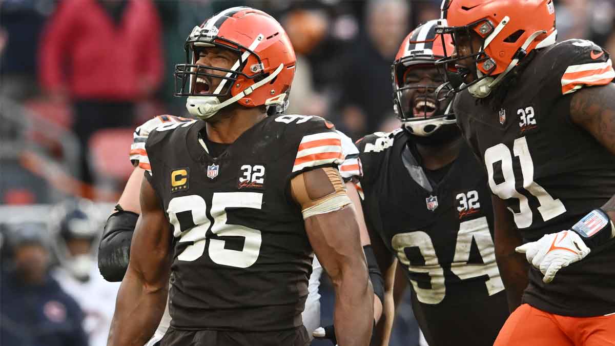 Cleveland Browns defensive end Myles Garrett (95) celebrates after making a tackle during the second half against the Chicago Bears at Cleveland Browns Stadium