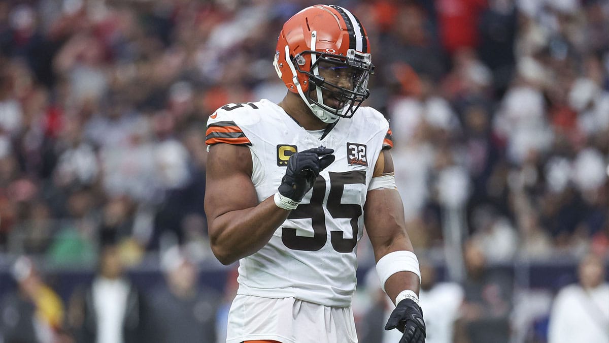 Cleveland Browns defensive end Myles Garrett (95) reacts in a 2024 AFC wild card game against the Houston Texans at NRG Stadium.