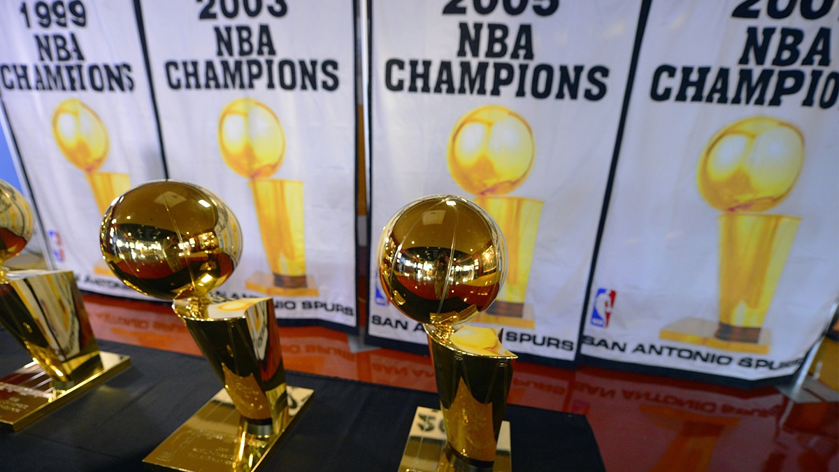 A view of the NBA Championship Trophies and banners won by the San Antonio Spurs