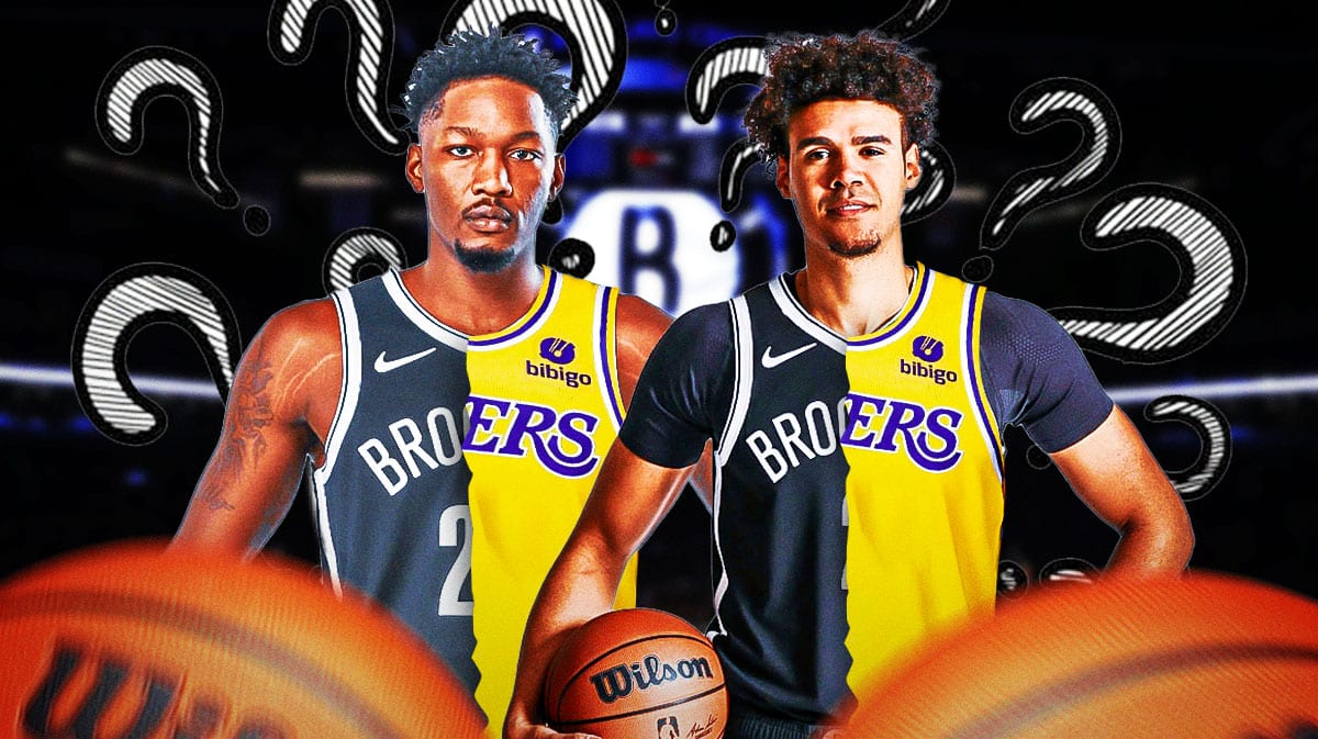 Cam Johnson, Dorian Finney-Smith both with half a Nets jersey and half a Lakers jersey wth question marks around