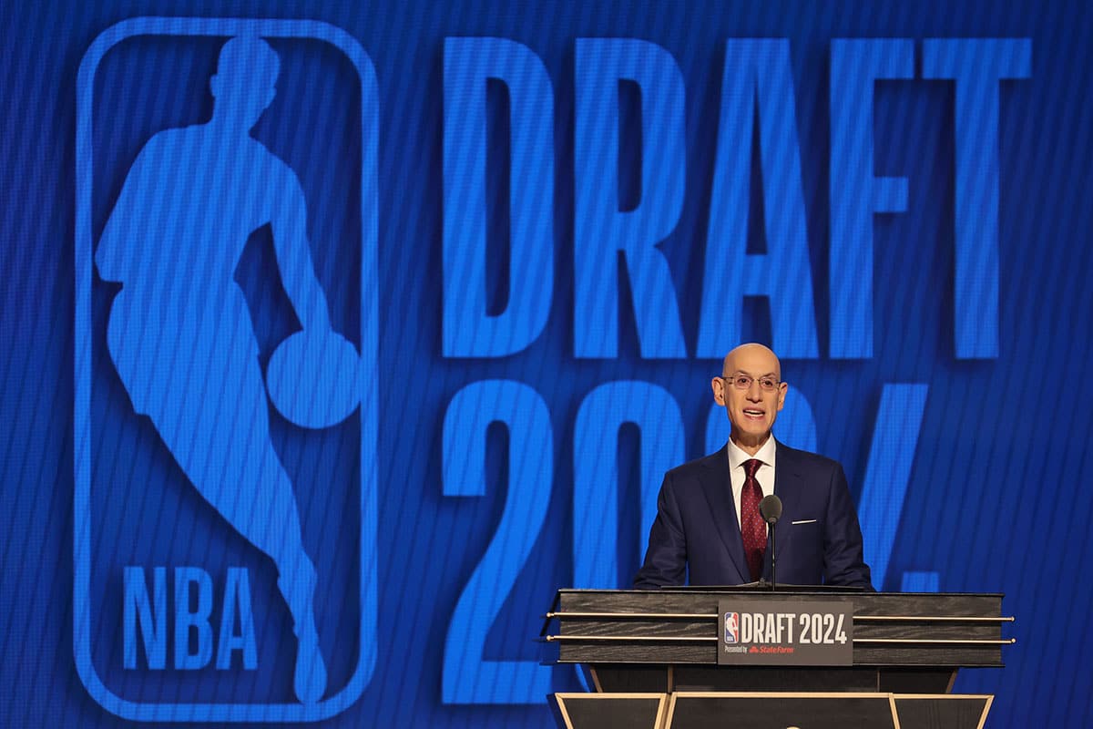 NBA commissioner Adam Silver speaks before the first round of the 2024 NBA Draft at Barclays Center.