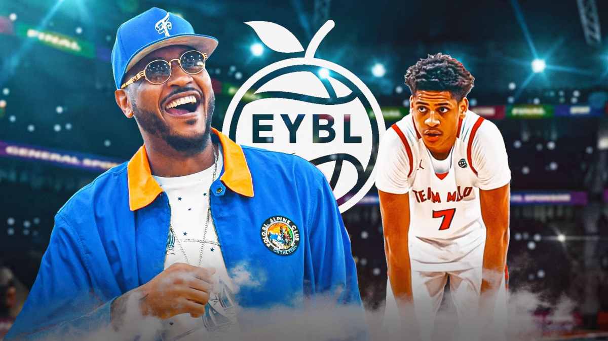 Ex-Knicks player Carmelo Anthony and son Kiyan by Peach Jam logo