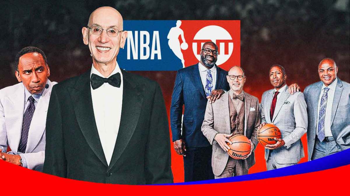 Stephen A. Smith looking angry at Adam Silver, with the NBA on TNT logo in the middle and the Inside the NBA crew (Ernie Johnson, Charles Barkley, Kenny Smith, and Shaquille O'Neal) on the side