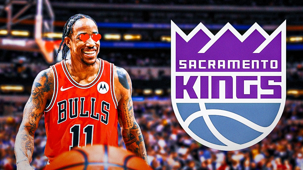 DeMar DeRozan looks at the Sacramento Kings logo with heart eyes