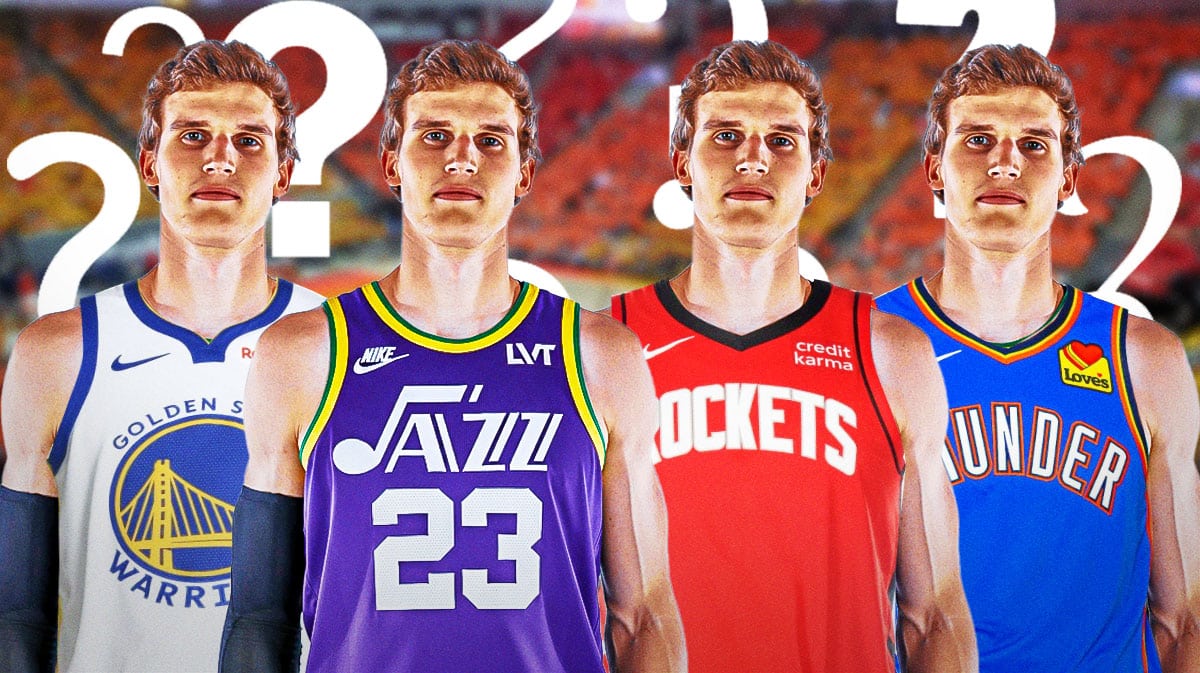 Lauri Markkanen in a four-way crossover Jazz/Warriors/Rockets/Thunder jersey, surrounded by question marks.