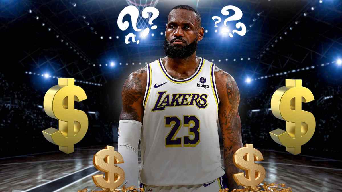 LeBron James, dollar signs around him and question marks above