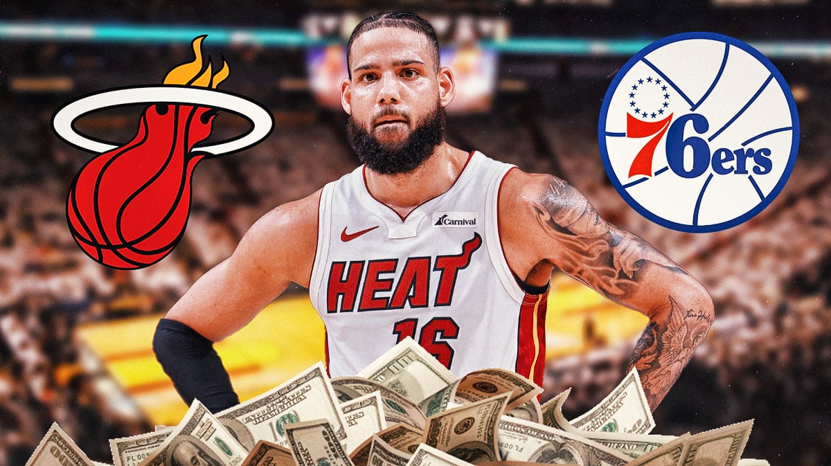 NBA player Caleb Martin with Miami Heat and Philadelphia 76ers logos