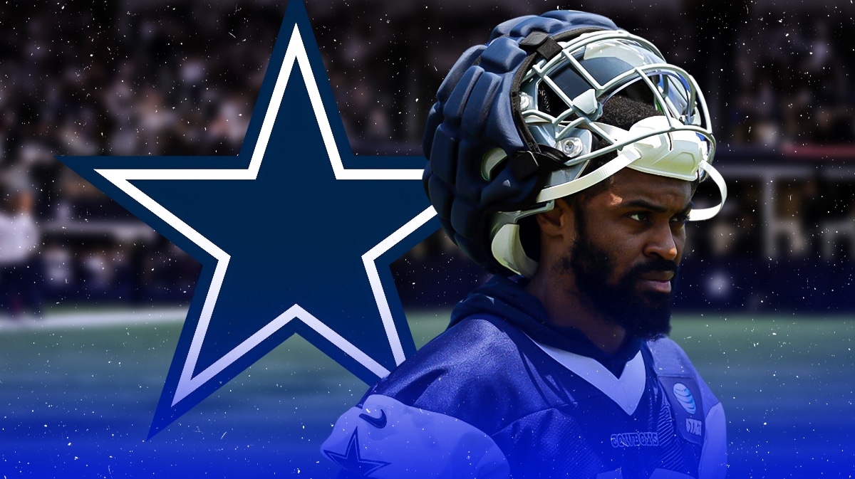 Cowboys logo on left side, former Cowboys cornerback Gareon Conley on right side. AT&T Stadium (home stadium of the Dallas Cowboys) in background.