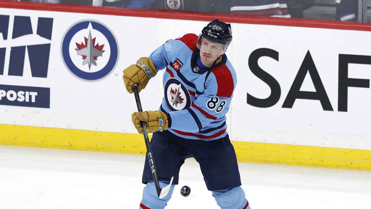 Winnipeg Jets defenseman Nate Schmidt (88) warms up before a game against the Los Angeles Kings at Canada Life Centre.